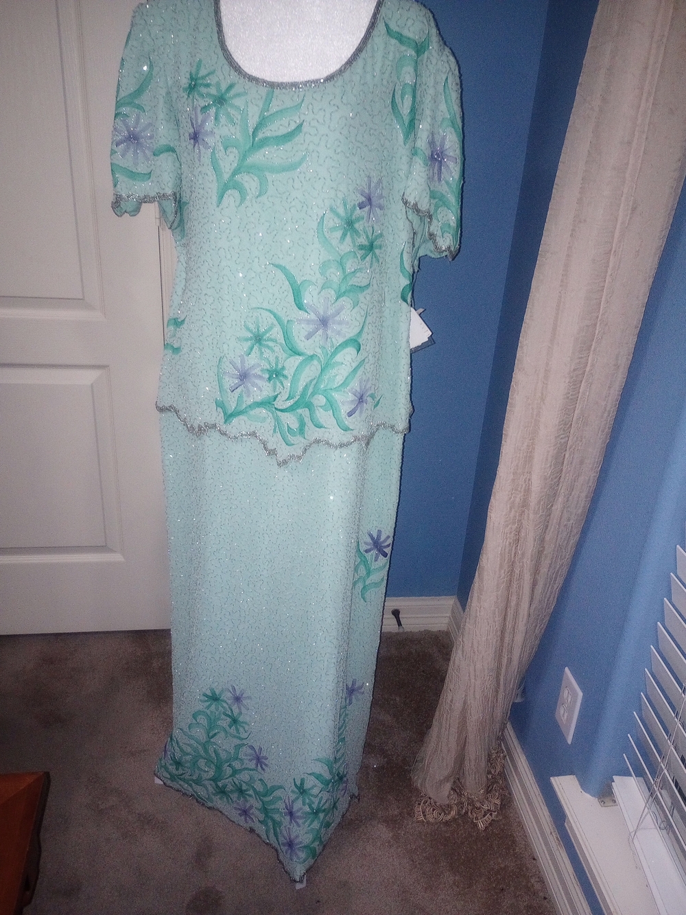 Laurence Kazar Mint Green Beaded Floral Maxi Dress